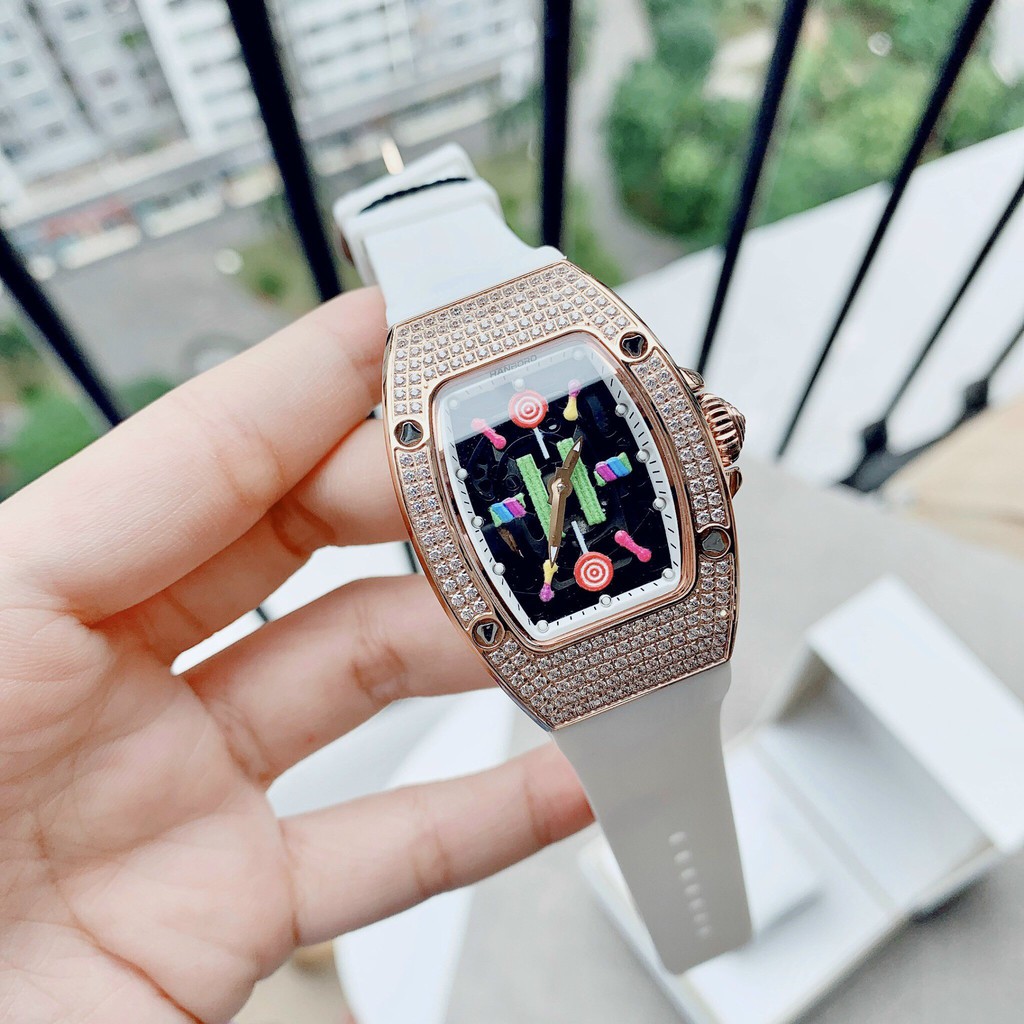Đồng Hồ Huboler Hanboro Nữ Dây Da Silicon Trắng Mặt Sắc Màu Rose Gold Chính Hãng 31x42mm
