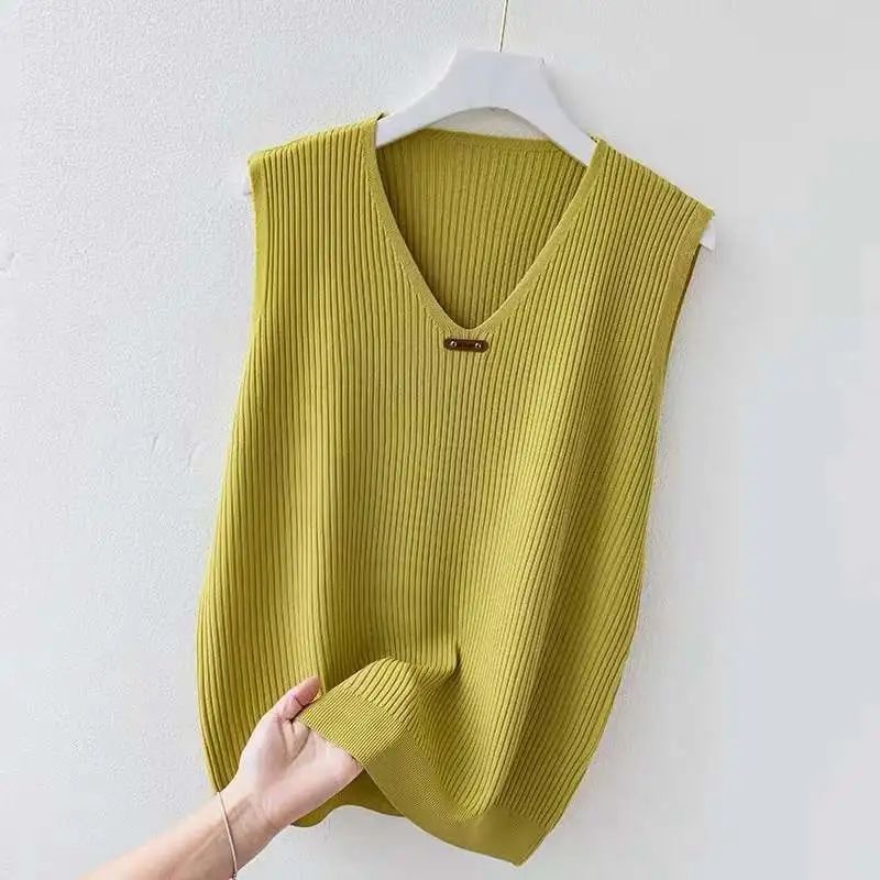 Áo Dệt Kim Nữ Sát Nách Dáng Rộng Cổ Chữ V Plus Size