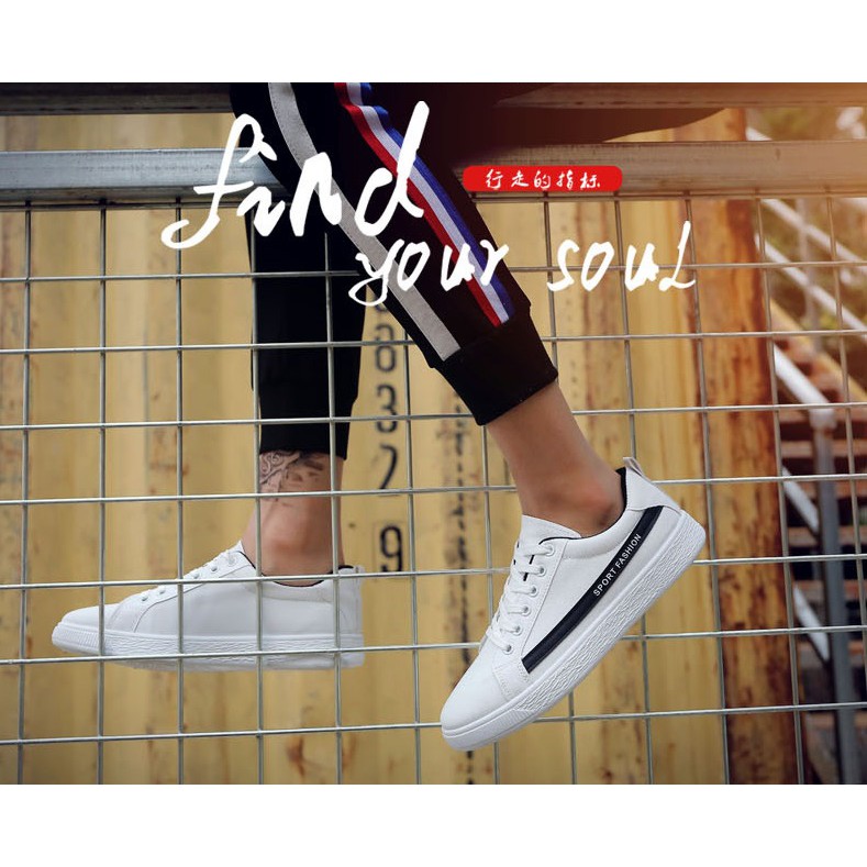 GIẦY SNEAKER DA Kẻ SPORT FASHION ( TRẮNG - ĐEN ) Thể Thao Nam phong cách Korea 2018