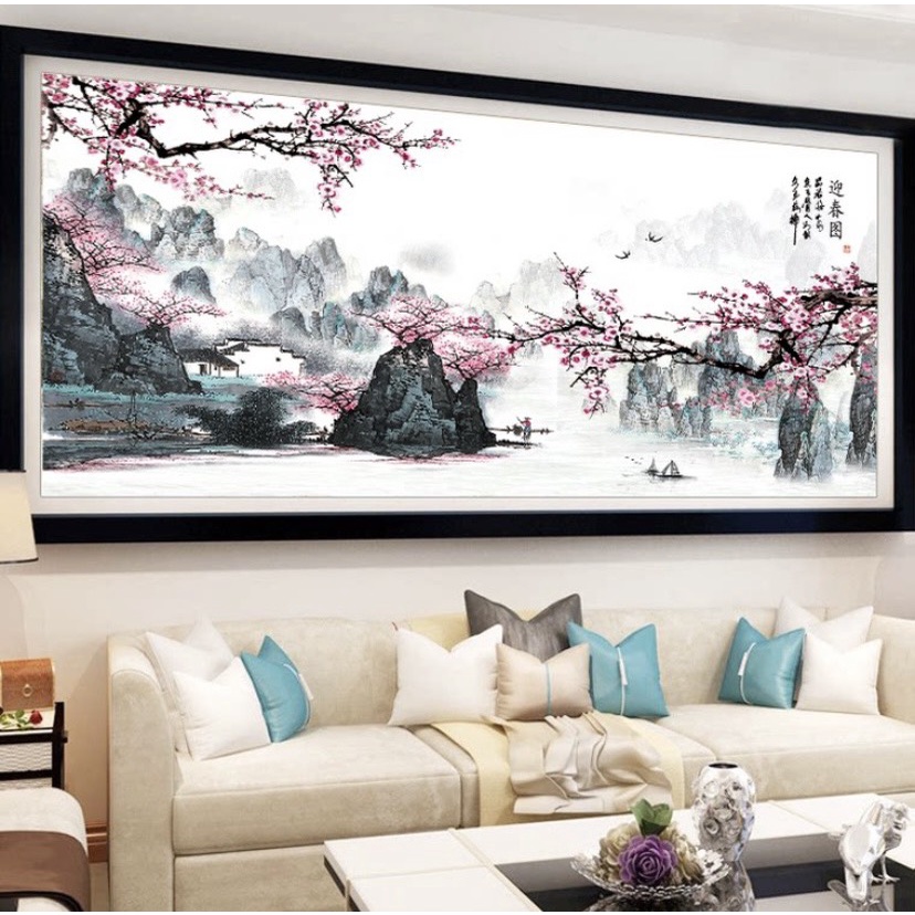 Tranh thêu chữ thập – Tranh Phong Cảnh Thủy Mặc 05 -  Hoa Đào