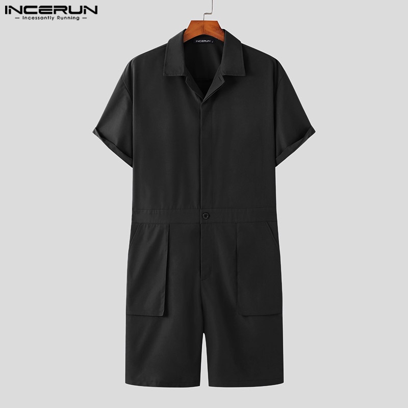 Áo liền quần INCERUN tay ngắn màu trơn phối hàng nút thời trang cho nam