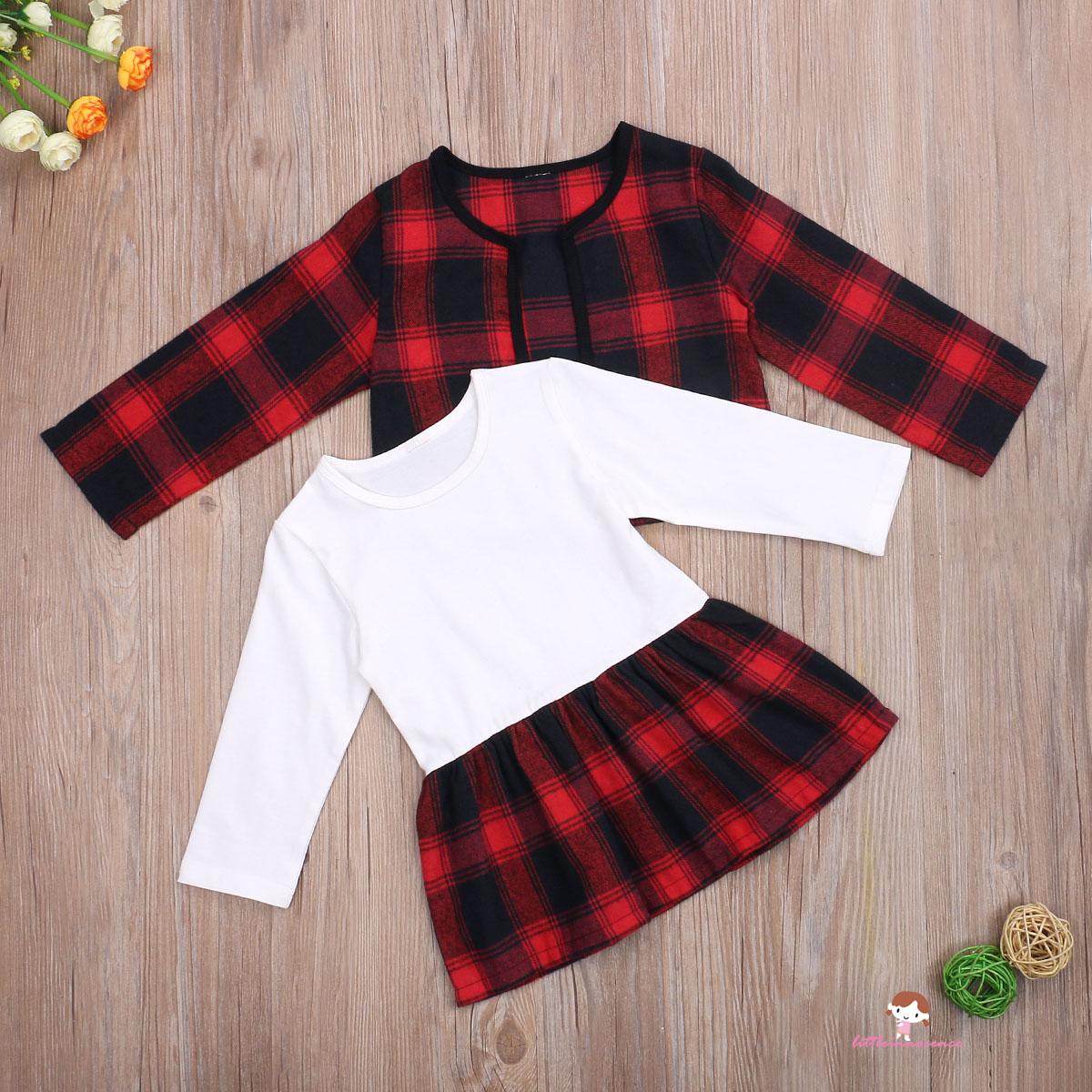 XZQ7-0-6 Years Little Girl Coat + Dress Plaid Printing British Style Cute Princess Spring Autumn Clothing