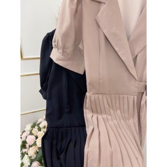 Đầm cổ vest xếp ly thắt eo thanh lịch (có 2 màu) Giá rẻ