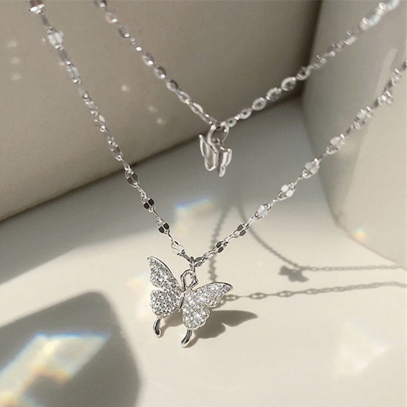 Vòng Cổ Choker Hai Lớp Bằng Bạc Mặt Hình Bướm Đính Đá Zircon Màu Sắc Ngọt Ngào Phong Cách Hàn Quốc Dành Cho Nữ
