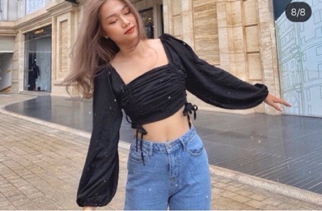 🌷Áo Croptop Cổ Vuông Nhúng Rút Eo