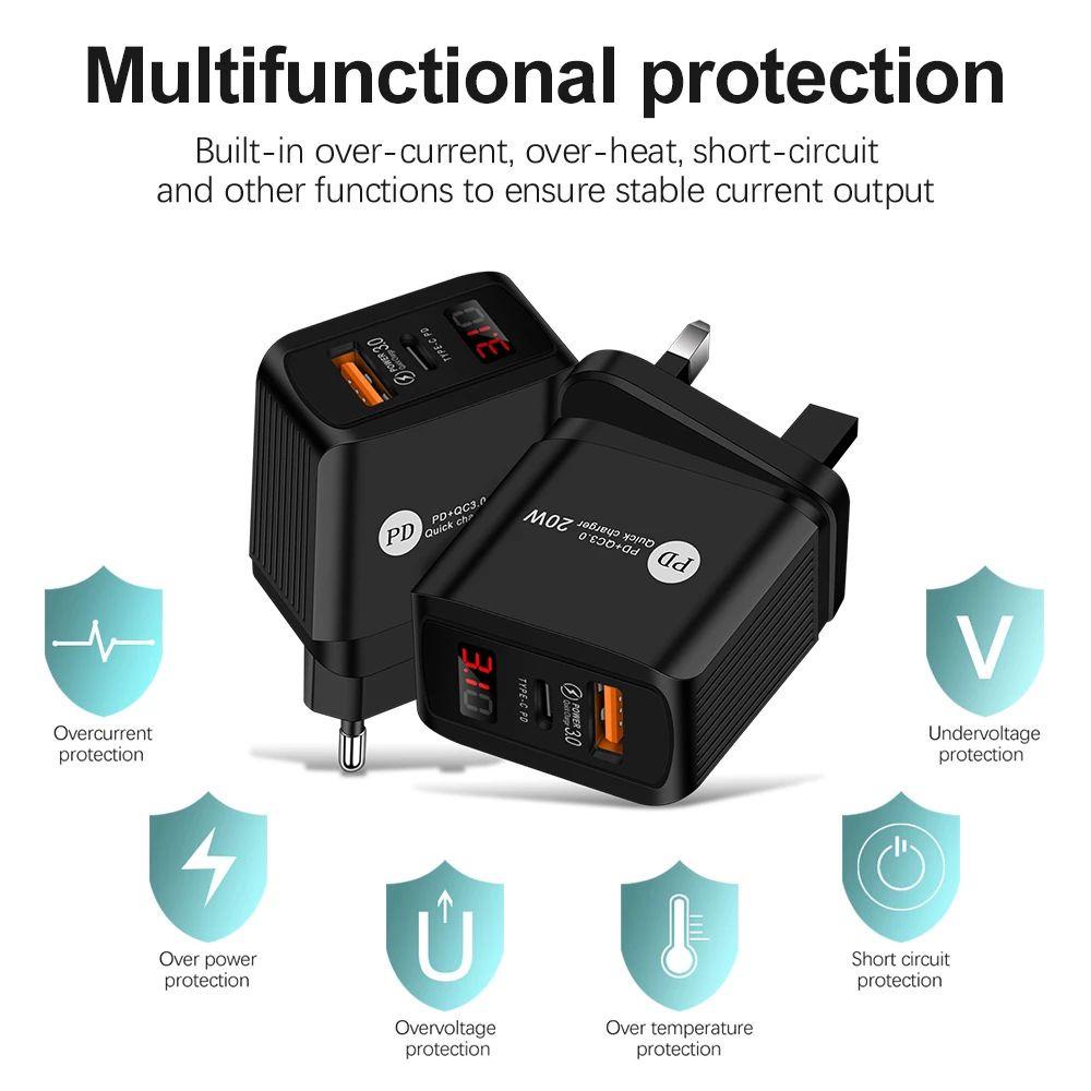 Củ Sạc Nhanh GLENES Có Đèn LED 20W Phích Cắm US / EU / UK Cho Điện Thoại