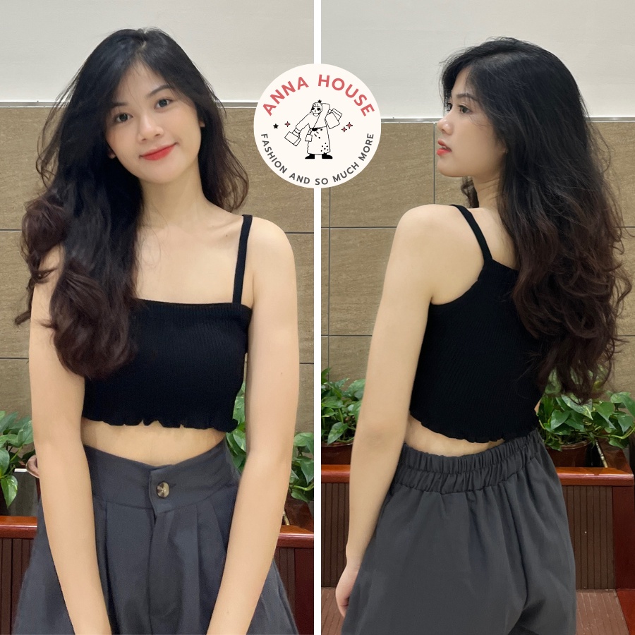 Áo hai dây croptop chất thun gân tăm co giãn tốt thiết kế cuốn biên, Áo 2 dây ngắn co giãn ôm body gân tăm nhiều màu
