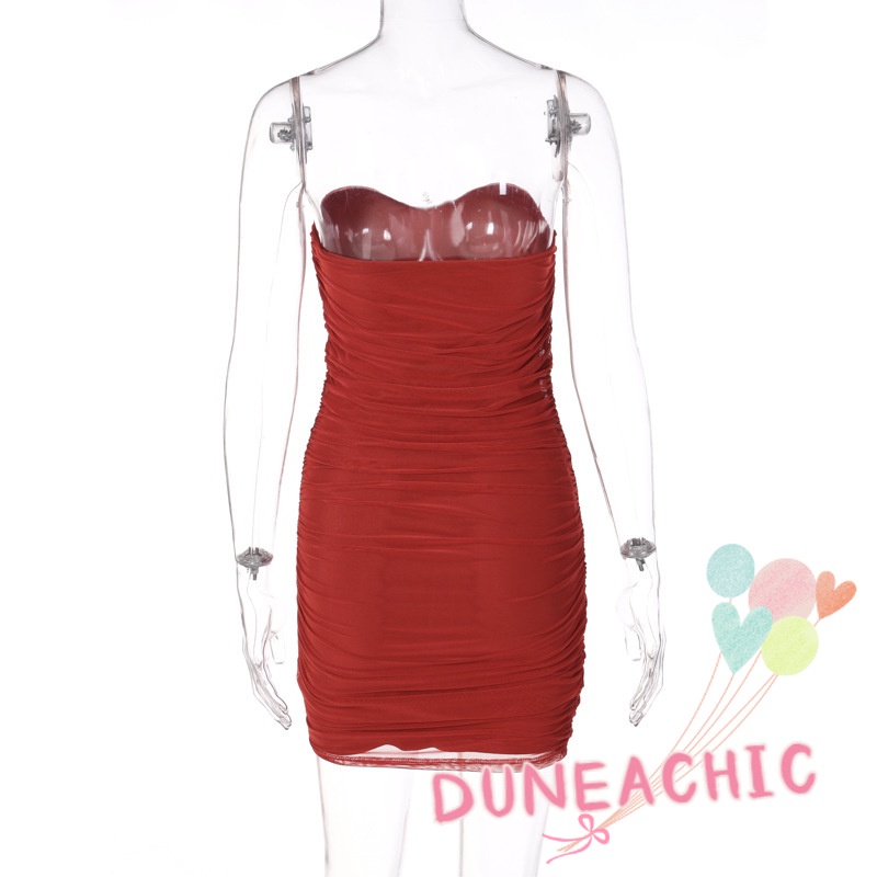 DUNEA Đầm trễ vai phối lưới xếp ly thời trang cho nữ