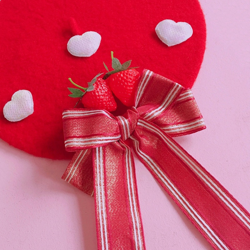 Mũ Beret Họa Tiết Dâu Tây Thắt Nơ Xinh Xắn Thời Trang