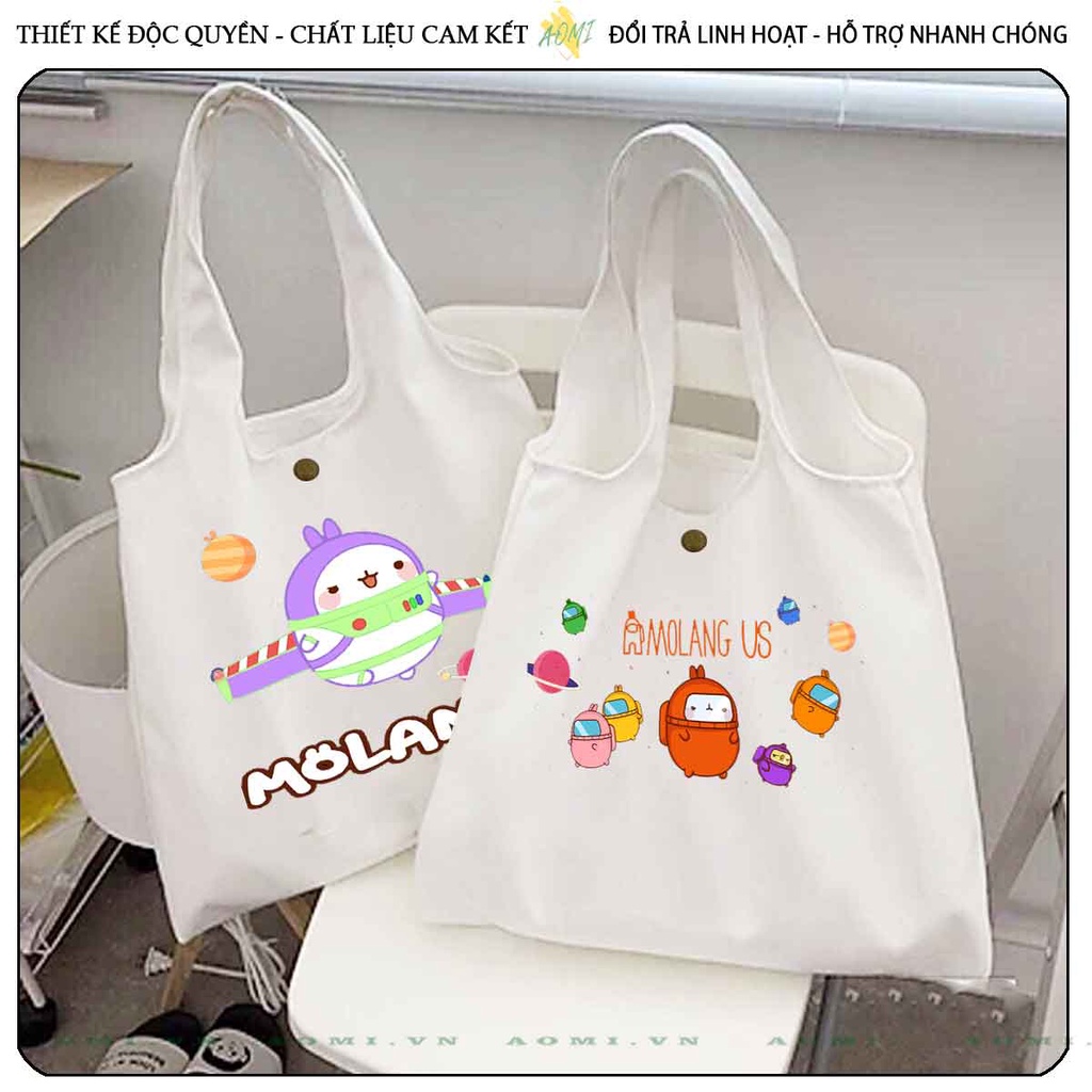 TOTE CANVAS friend molang FORM TRÒN TÚI VẢI ĐEO VAI BAG NÚT BẤM SIZE LỚN AOMIVN DU LỊCH DẠO PHỐ CÁ TÍNH