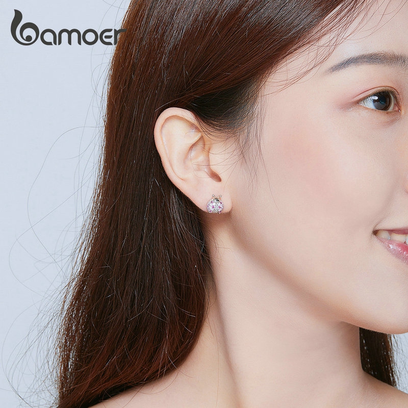 Khuyên tai Bamoer SCE715 xi bạc 925 hình chú bọ rùa đính đá màu hồng thời trang cho nữ