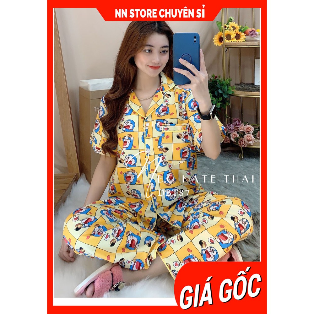 Đồ bộ nữ mặc nhà phom to cổ pijama cổ V tay ngắn chất kate thái mềm mịn mát in doremon vịt chuột Mickey dễ thương DBT