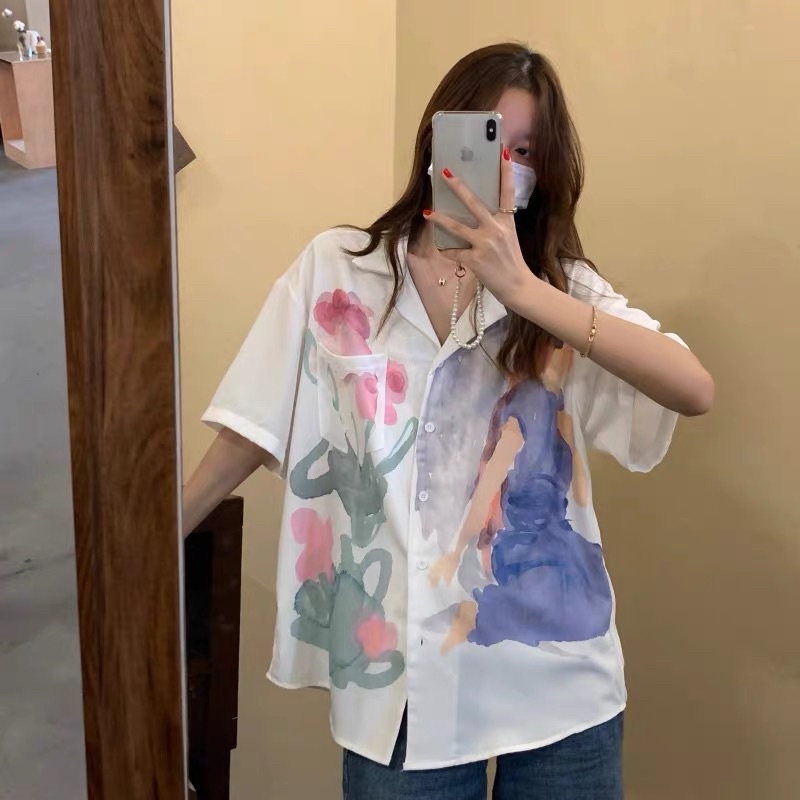 Áo sơ mi ngắn tay in hình cổ điển phong cách Hồng Kông
