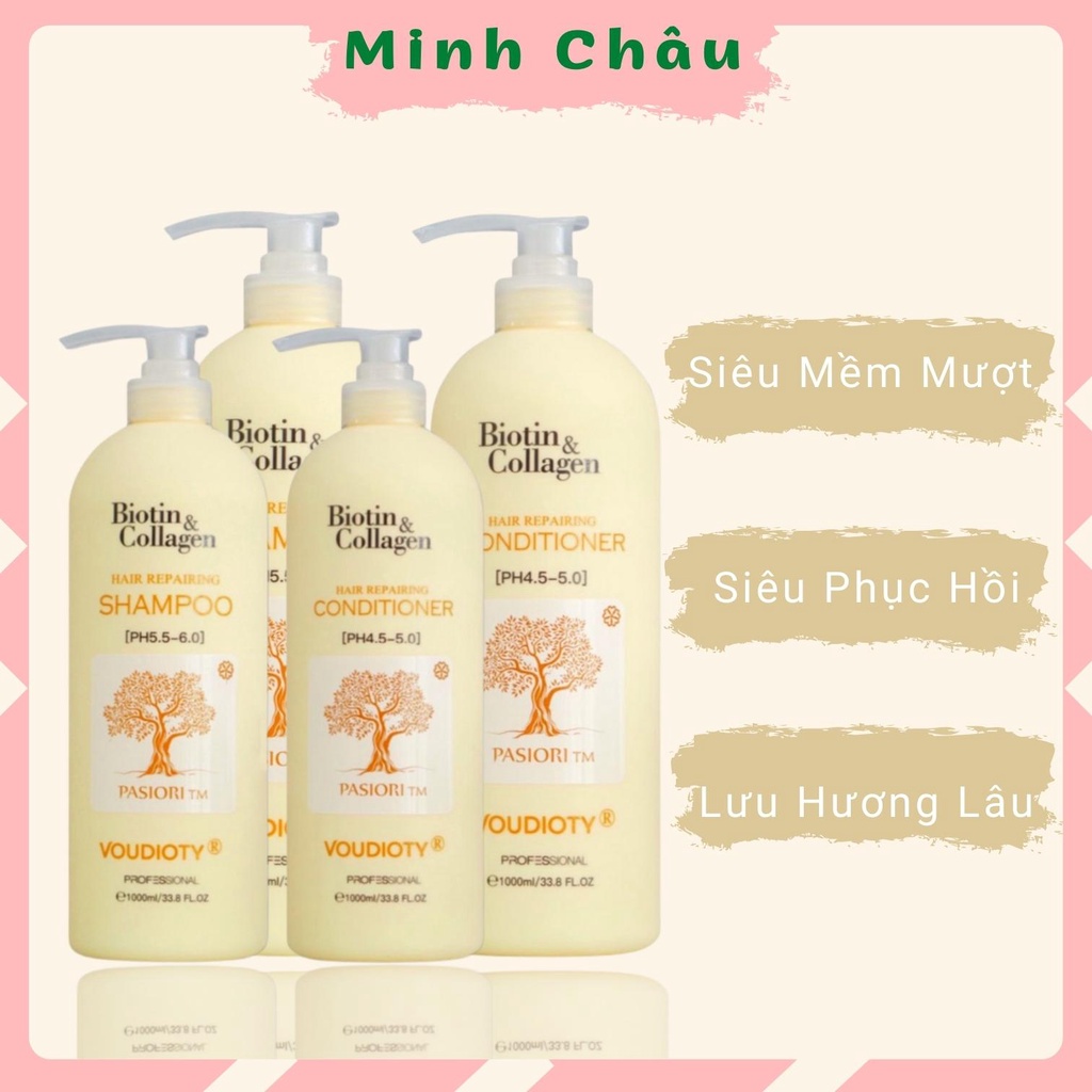 Cặp Dầu Gội Biotin Collagen Minhchaustore dầu gội biotin collagen Vàng  siêu mềm mượt phục hồi tóc khô xơ