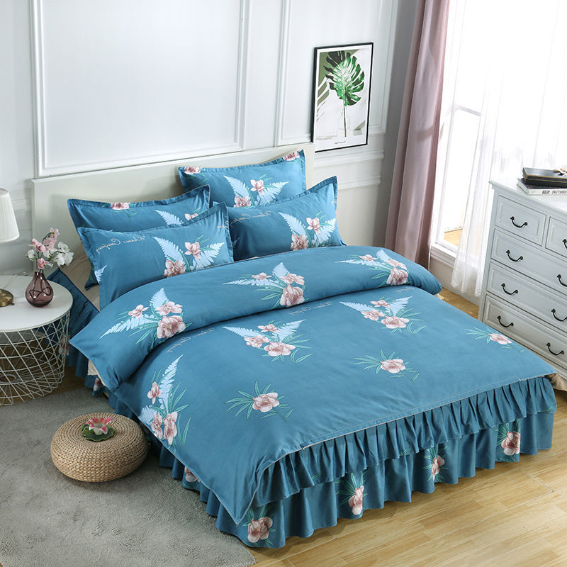 Thickened Bed Skirt Four-Piece Set Korean Style Quilt Cover Princess Style Bedspread Brushed Quilt Cover Non-Cotton Cotton Bedding