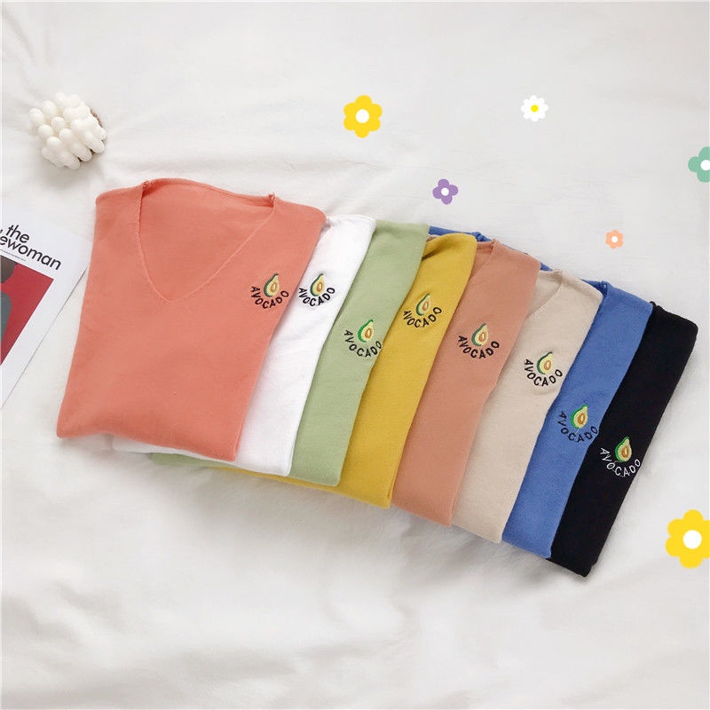 Áo sweater Cổ Chữ v Mềm Mại Ôm Dáng Họa Tiết Trái Bơ Dễ Thương