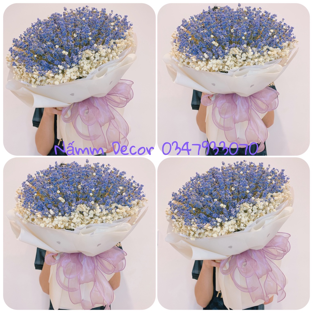 Quà tặng bó hoa Lavender tròn kết hợp snowy và baby trắng cực xinh xắn