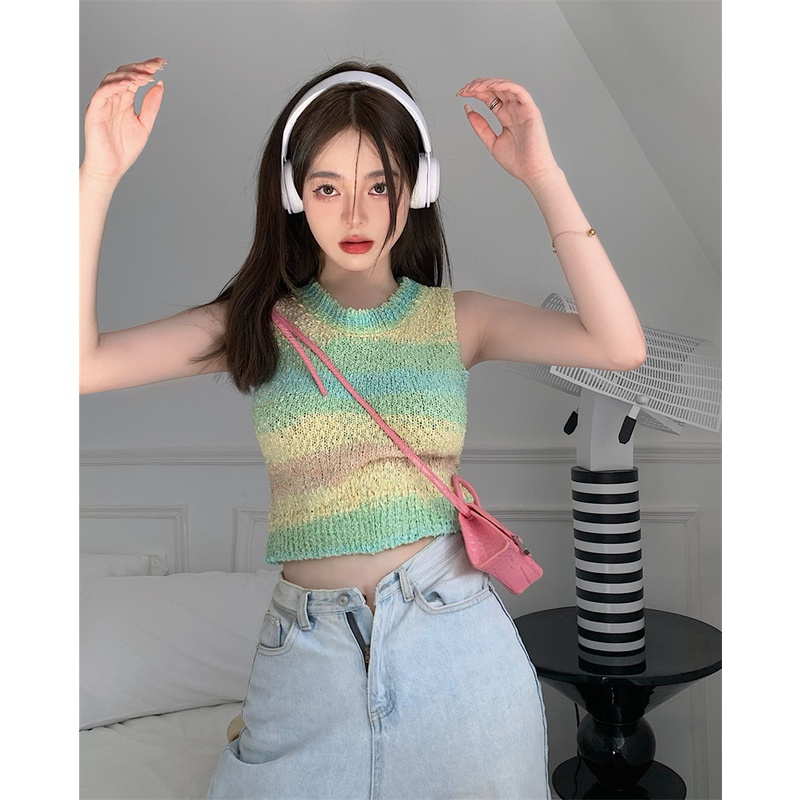 Áo Croptop Dệt Kim Màu Cầu Vồng Thời Trang Cho Nữ
