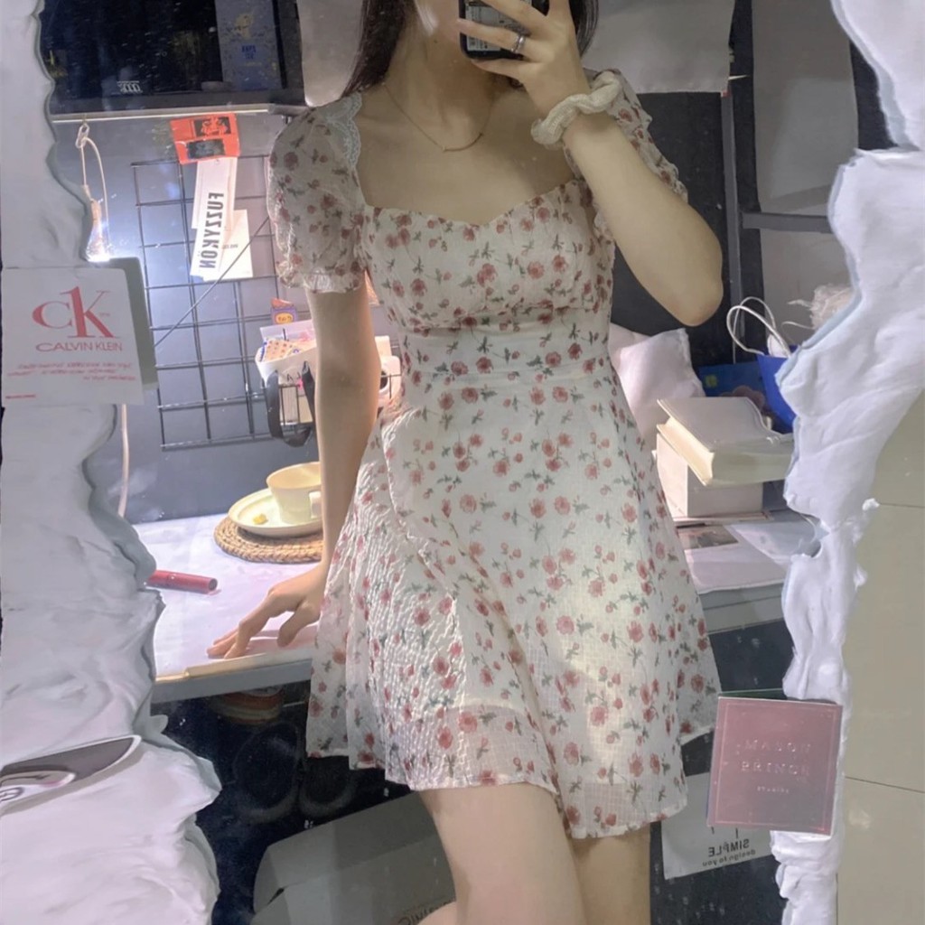 [ảnh thật - Mã Giảm Giá 15K] Đầm Nữ Dự Tiệc, Váy Hoa Nhí Cổ Vuông Tay Bồng Hở Lưng Viền Ren Dáng Ngắn Mẫu Mới 2021 | BigBuy360 - bigbuy360.vn