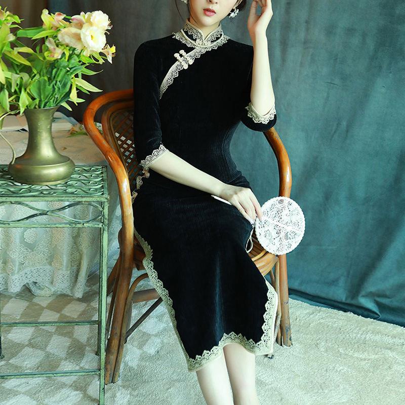Sườn Xám Cách Tân Tay Dài Màu Đen Phong Cách Trung Hoa Cổ Điển Thời Trang Cao Cấp Cho Nữ
