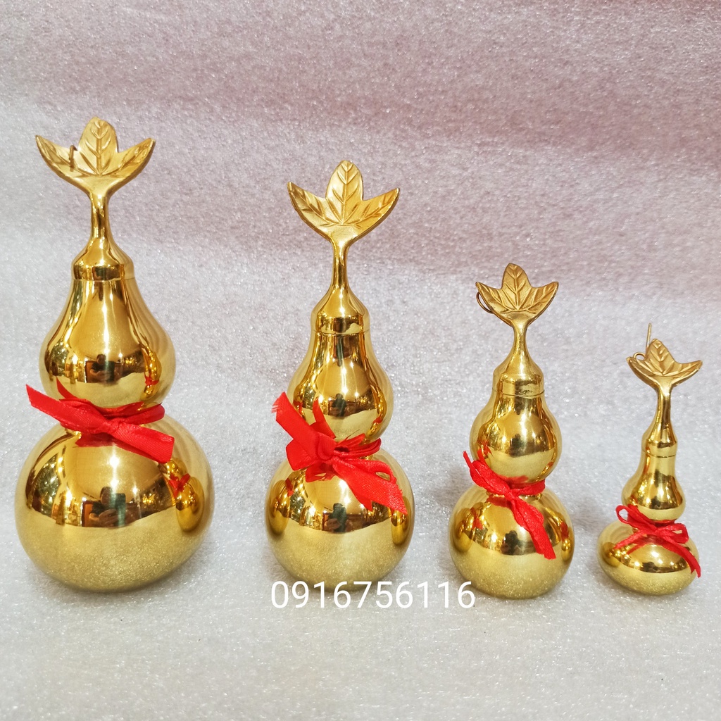 Hồ lô trơn phong thủy bằng đồng 8, 10, 12 đóng mở có ren, thắt nơ đỏ bày ban thần tài, hồ lô đồng cầu Tài Phúc Bình An