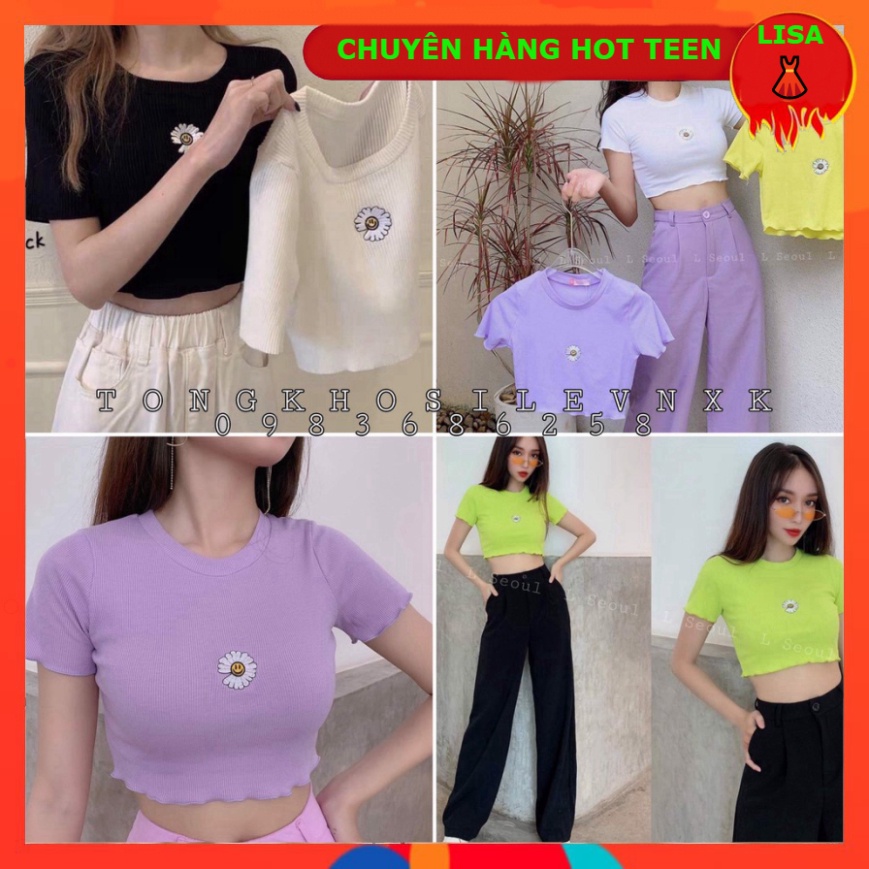 ÁO CROPTOP HOA HƯỚNG DƯƠNG MẶT CƯỜI 4 màu hot - ÁO THUN BODY KIỂU TÍM XANH NEON ĐEN TRẮNG - - 👗lisa97_store