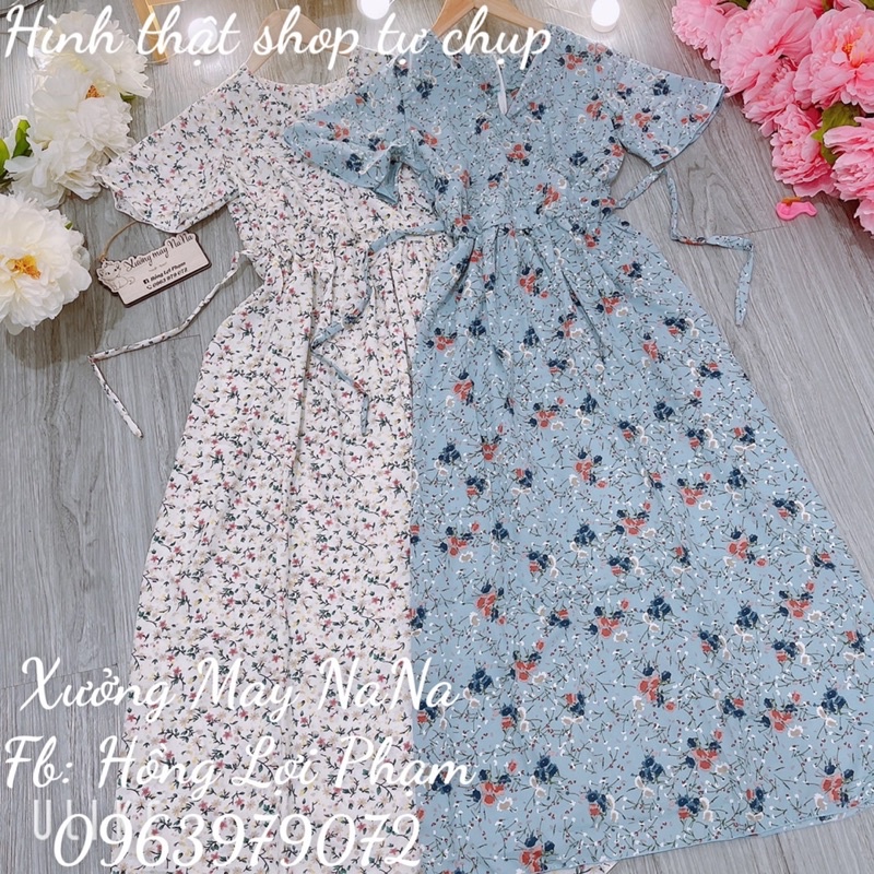 Maxi dài hoa nhí cổ đắp chéo