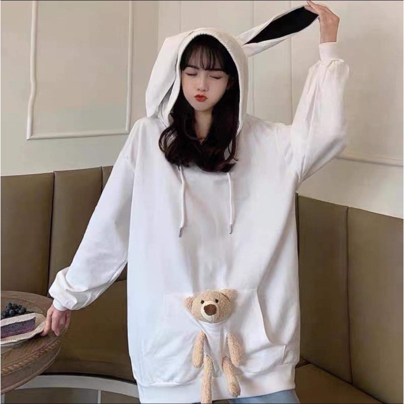 Áo hoodie tai thỏ kèm gấu siêu hot (kèm ảnh thật +video)