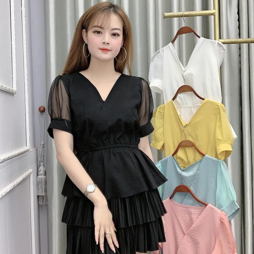 Áo Sơ Mi Kiểu Công Sở Ngắn Tay Chất Đũi Tay Voan Cổ Tim - 5 Màu Trắng Vàng Đen Xanh Hồng - Hanlly Fashion - A1 Đẹp *