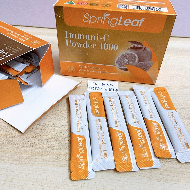 Vitamin c và kẽm cho bé từ 2 tuổi và người lớn dạng bột hộp 30 gói, spring leaf immuni c powder úc