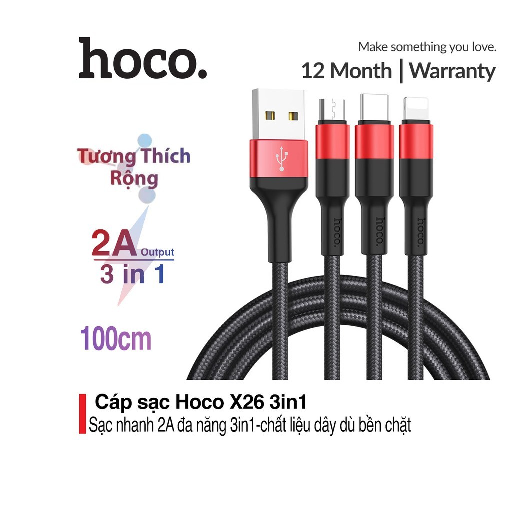 Cáp sạc 3 đầu hoco. X26 dây dù siêu bền chuẩn sạc nhanh 2A dài 1M