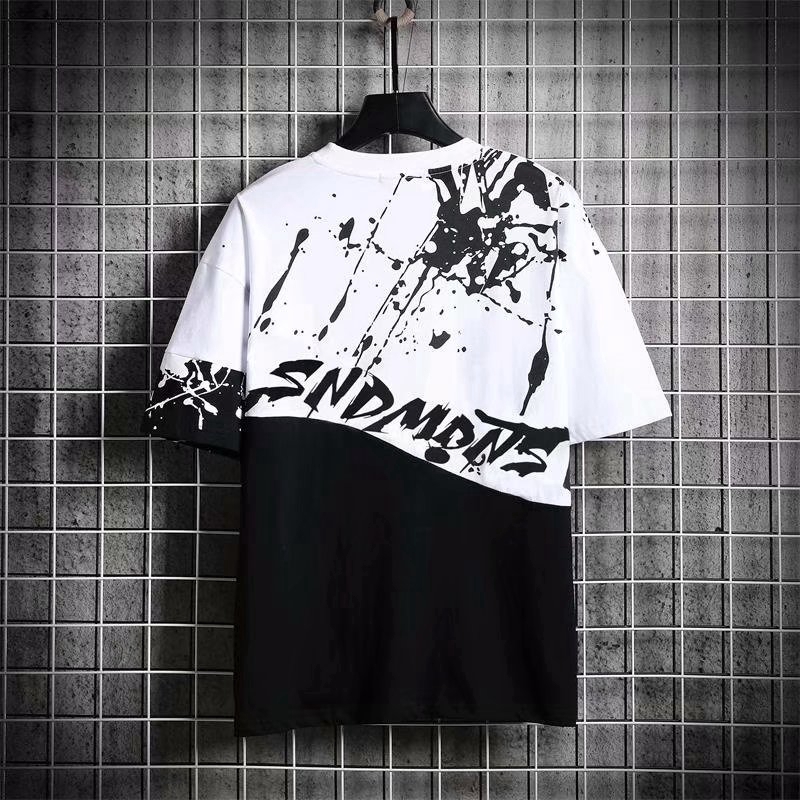 Áo thun cotton tay ngắn cổ tròn dáng rộng in họa tiết mực in phong cách mùa hè cá tính cho nam size M-4Xl