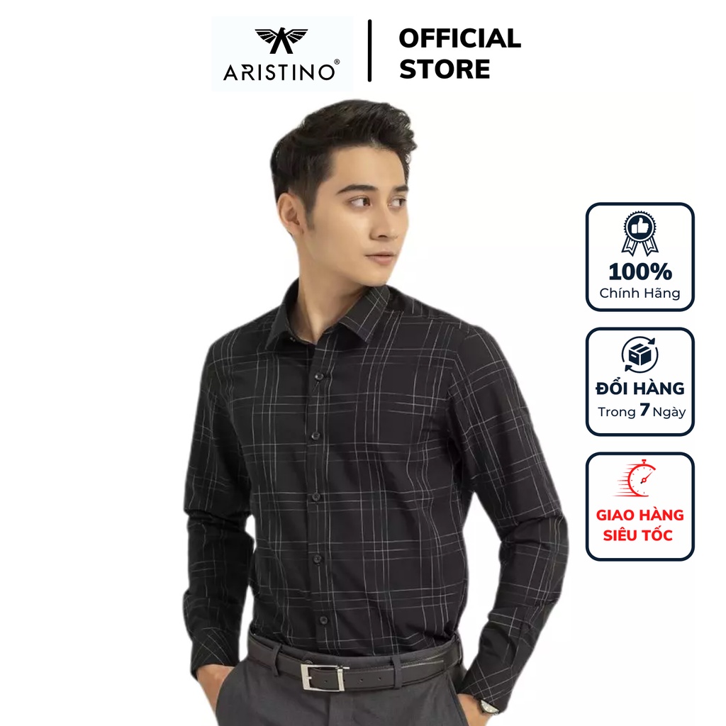 Áo sơ mi nam dài tay ARISTINO ALS16009 somi công sở vải sợi sồi cao cấp màu đen caro sược trắng dáng ôm tà lượn