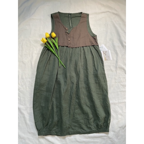 Đầm xanh rêu linen bo chun