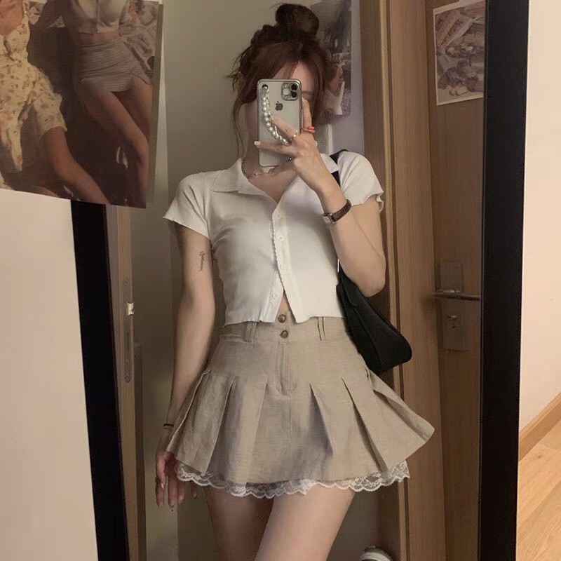 - (MUA Ở GIỎ LIVE ĐỂ ÁP MÃ) Quà tặng sinh nhật,bạn gái,cho nữ,tết Áo croptop polo/ Váy xếp ly xòe