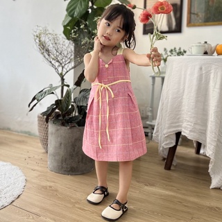 V033 Váy trẻ em Hai Dây Dáng Suông Linen Đỏ Mận Sọc Cho Bé Gái