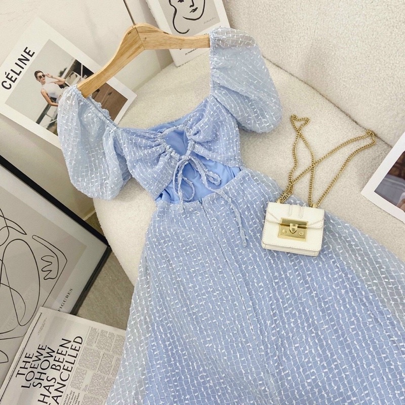 ĐẦM MIDI XANH REN BI CUTOUT KHOEN LƯNG