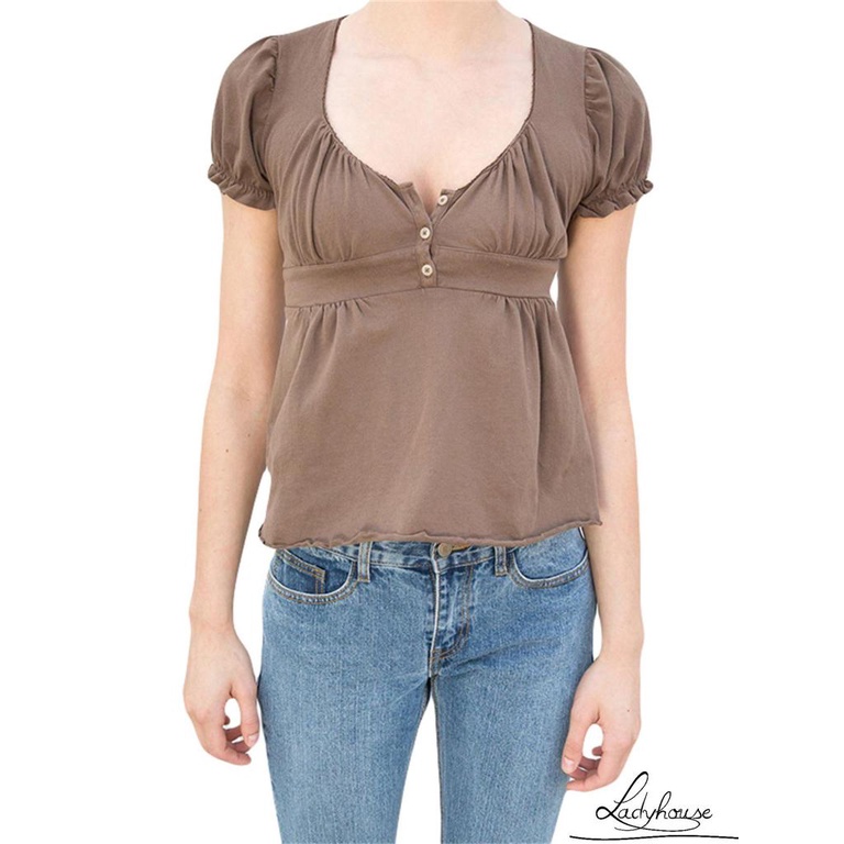 LD-Women´s Tops, V Neck Short Sleeve Fungus Trim Solid Color Loose Casual Pullover T-Shirt Summer