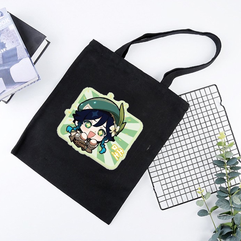 Túi tote vải đeo vai đen in hình NHÂN VẬT GENSHIN IMPACT game anime chibi xinh xắn tiện lợi M2