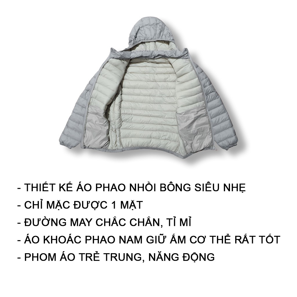 Áo khoác phao nam trần bông, siêu nhẹ, mũ rời, có túi bên trong AP01