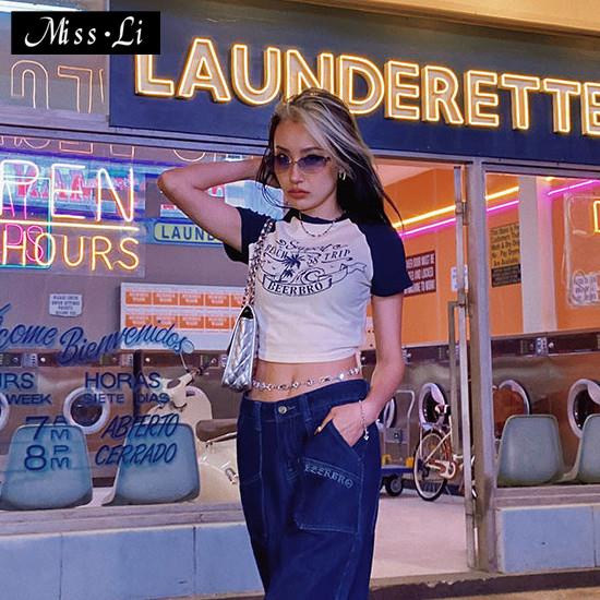 Áo Thun Ngắn Tay Ôm Dáng Phối Màu Sắc Tương Phản Phong Cách Retro Mỹ Thời Trang Mùa Hè Cho Nữ