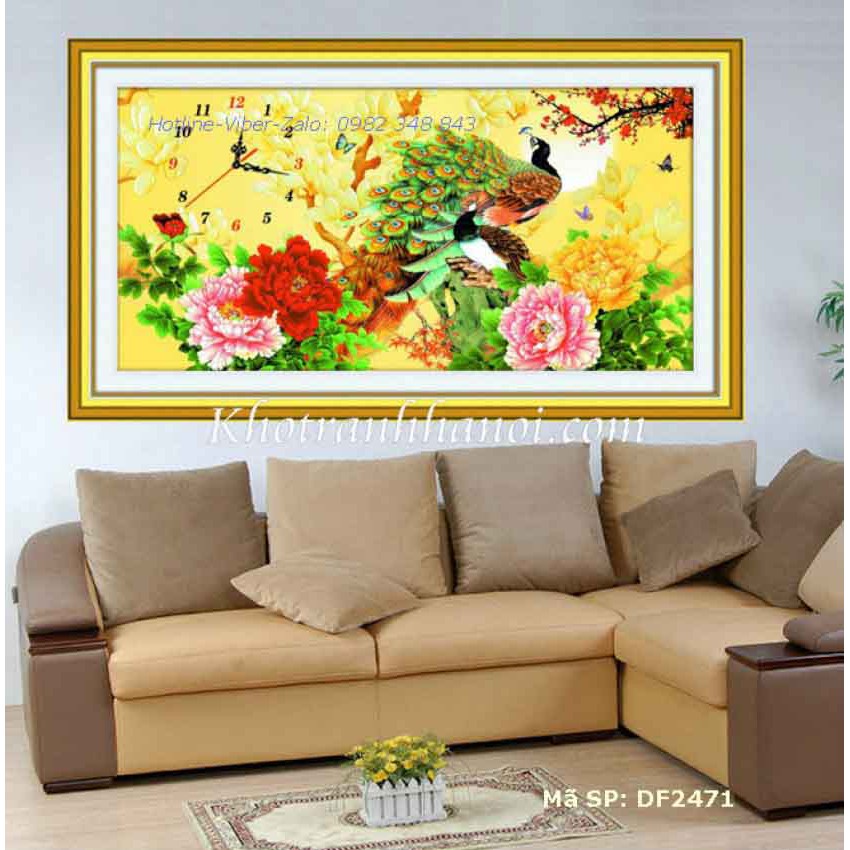 Tranh đính đá đồng hồ Hoa Khai Phú Quý. Kích thước: 93x50cm