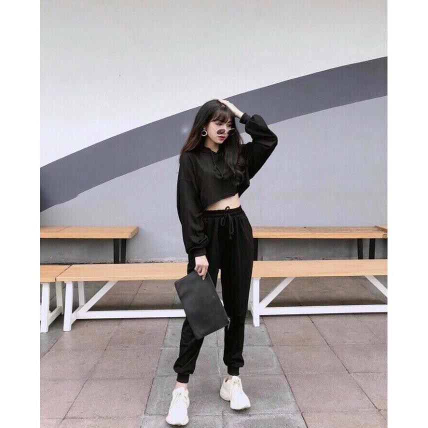 ÁO THUN CROPTOP TRƠN CÓ NÓN FORM RỘNG TAY DÀI ULZZANG - ÁO NHÓM CROP HOODIE BASIC 1  ྇