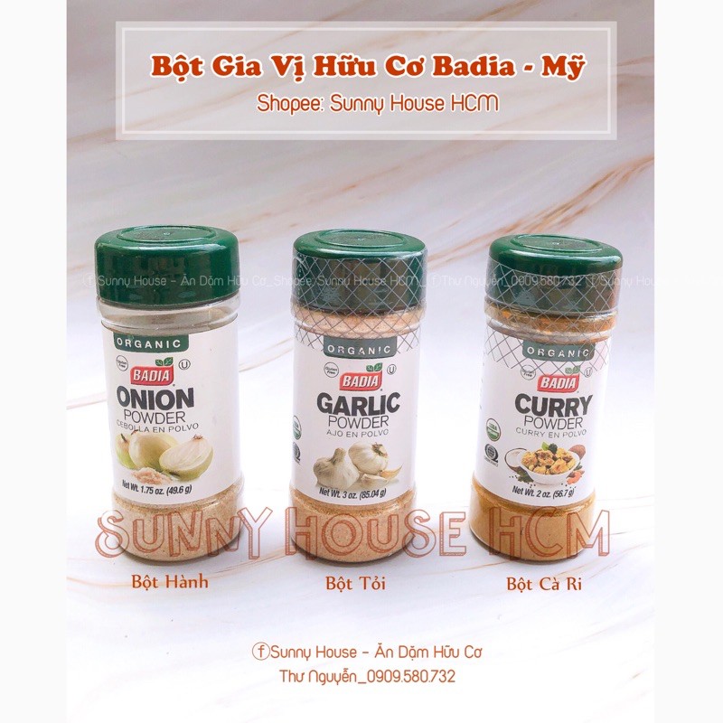 Bột gia vị hữu cơ Badia - Mỹ [Bột hành, tỏi, quế, nghệ, cà ri, ớt ngọt hữu cơ]