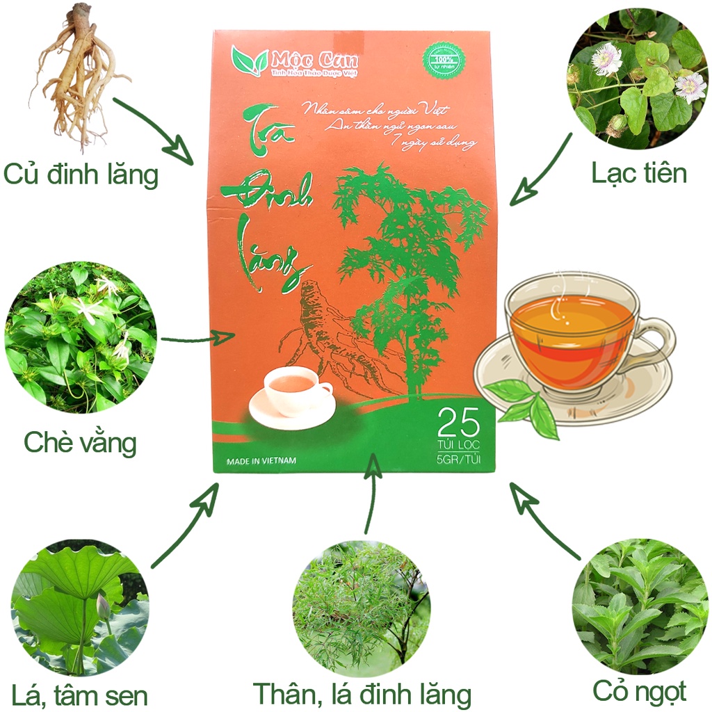 Trà mất ngủ Đinh Lăng giúp ngủ ngay, ngủ ngon, sâu giấc, tăng cường trí nhớ Mộc Can hộp 25 túi lọc