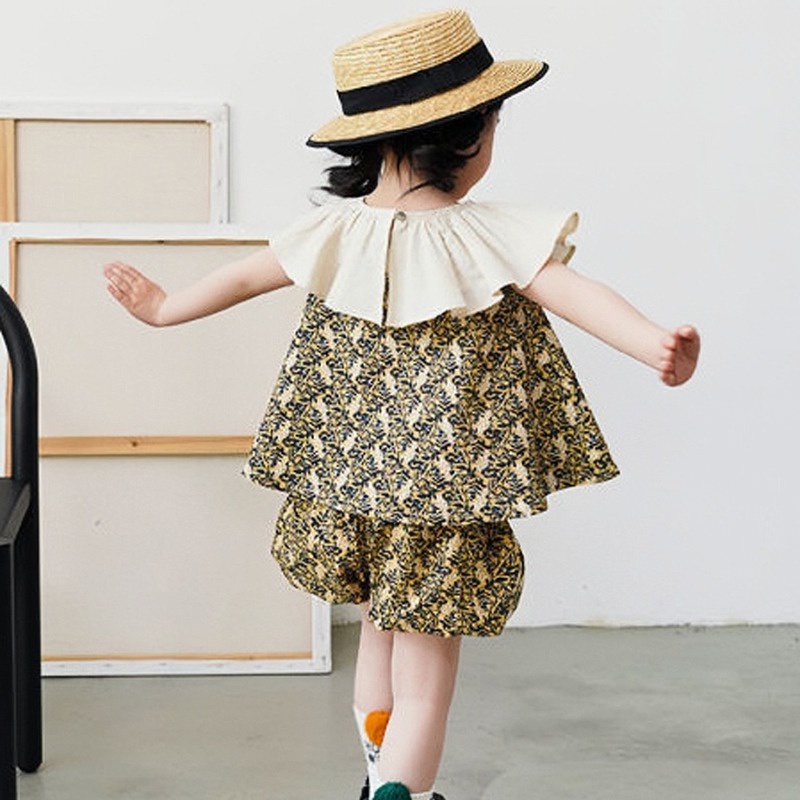 Set Bé Gái Bộ Áo Sát Nách Cổ Bèo In Hoa + Quần Short Thời Trang Mùa Hè Hàn Quốc Cho Bé Gái Se7en
