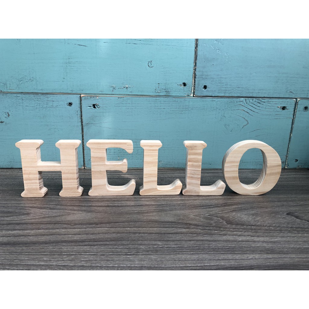 BỘ CHỮ HELLO - Chữ Gỗ Trang Trí Dán Tường, để bàn, Decor shop, bảng hiệu - Cao 8cm dày 1.8cm