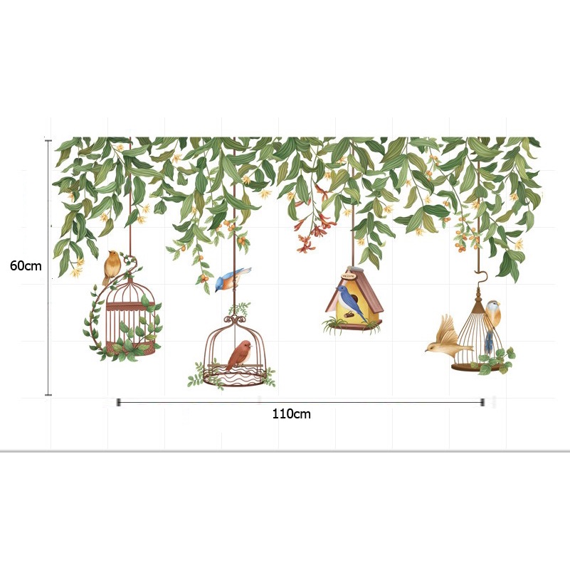 Tranh dán tường 3D hình nền hoa lá rủ và lồng chim KT 100x60cm, DECAL trang trí siêu rẻ