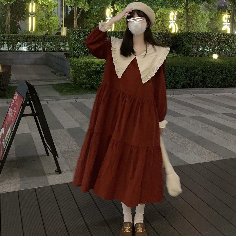 Váy babydoll Đầm Tay Dài Cổ Búp Bê Màu Sắc Tương Phản Phong Cách Hàn Quốc Ngọt Ngào Thời Trang Mùa Xuân Cho Nữ