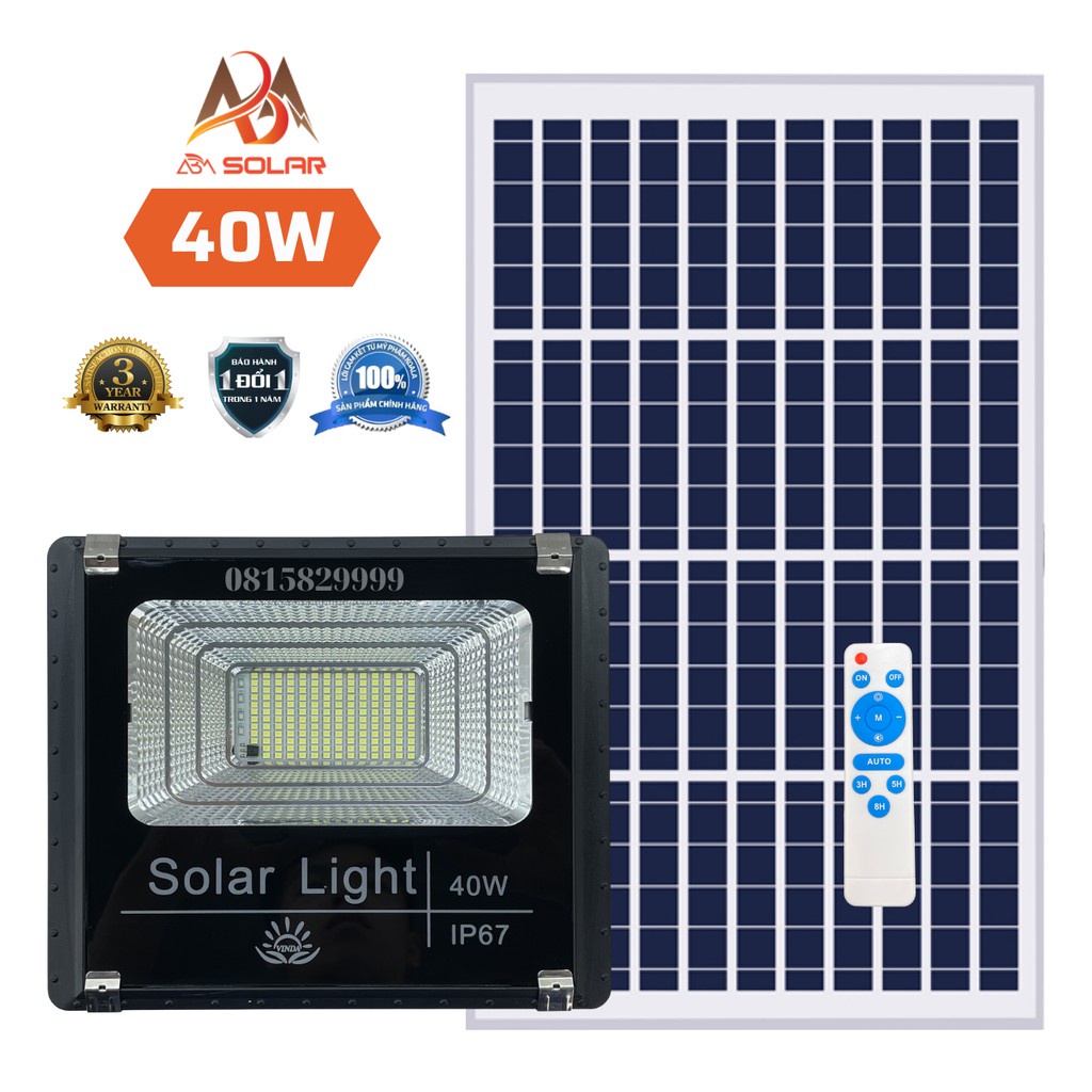 Đèn Năng Lượng Mặt Trời 40W, Đèn Pha LED, Tấm Pin Rời, Chống Nước , Kính Cường Lực Solar Light VinDa - ABM Solar